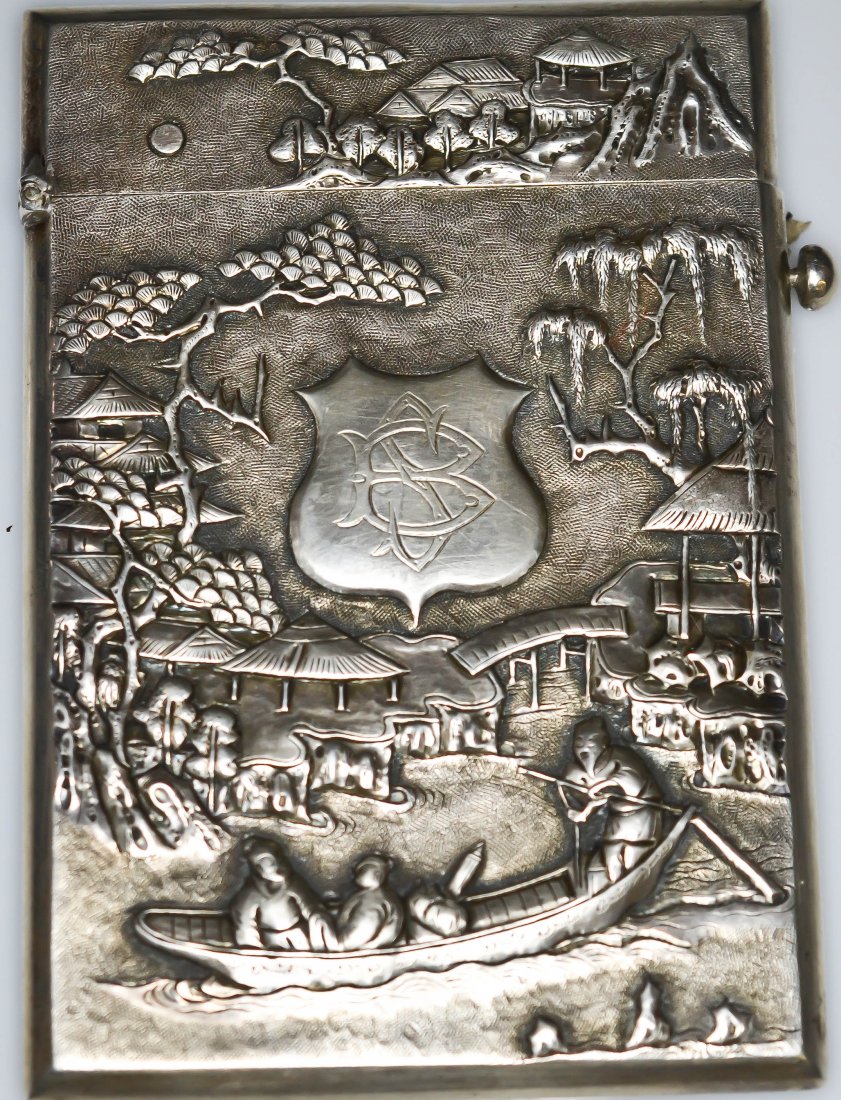 Antique Chinese baroque sterling silver card case: DESCRIPTION: Antique Chinese baroque sterling silver figural, landscape and floral card case. Hallmarked. Weighs 3.5 ounces. CIRCA: 19/20th ct MADE IN: China DIMENSIONS: H:4.25" L:3"