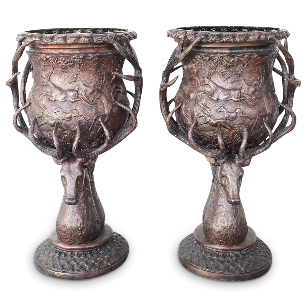 Pair of Monumental Bronze Stag Garden Urn (1 of 10)