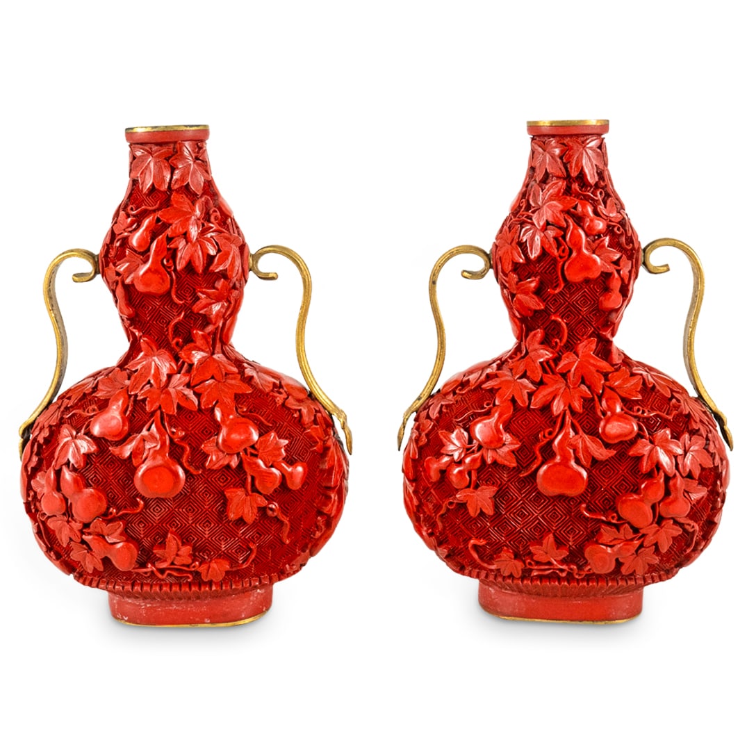 (2 Pc) Exceptional Chinese Carved Red Cinnabar Double Guard and Gold Gilt Vases (1 of 4)