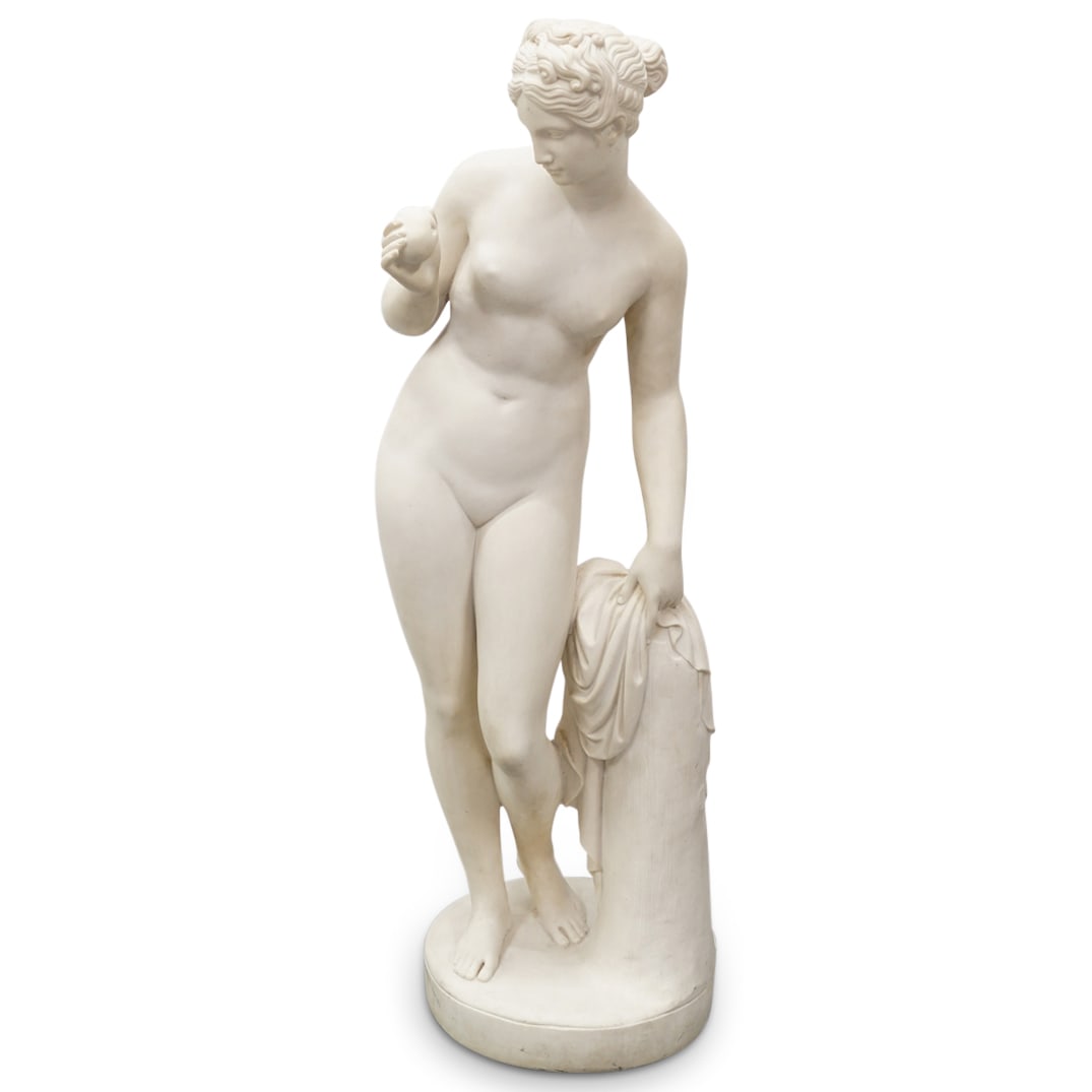 Greco Roman Alabaster Statue: DESCRIPTION: A Greco Roman alabaster carved nude Goddess holding an apple and holding a robe. Marked on the bottom "987" Illegibly stamped at underside in blue. CIRCA: Early 20th Cent. ORIGIN: Italy D