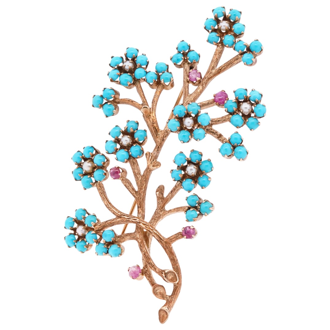 Vintage 18k Gold, Turquoise and Garnet Brooch (1 of 4)