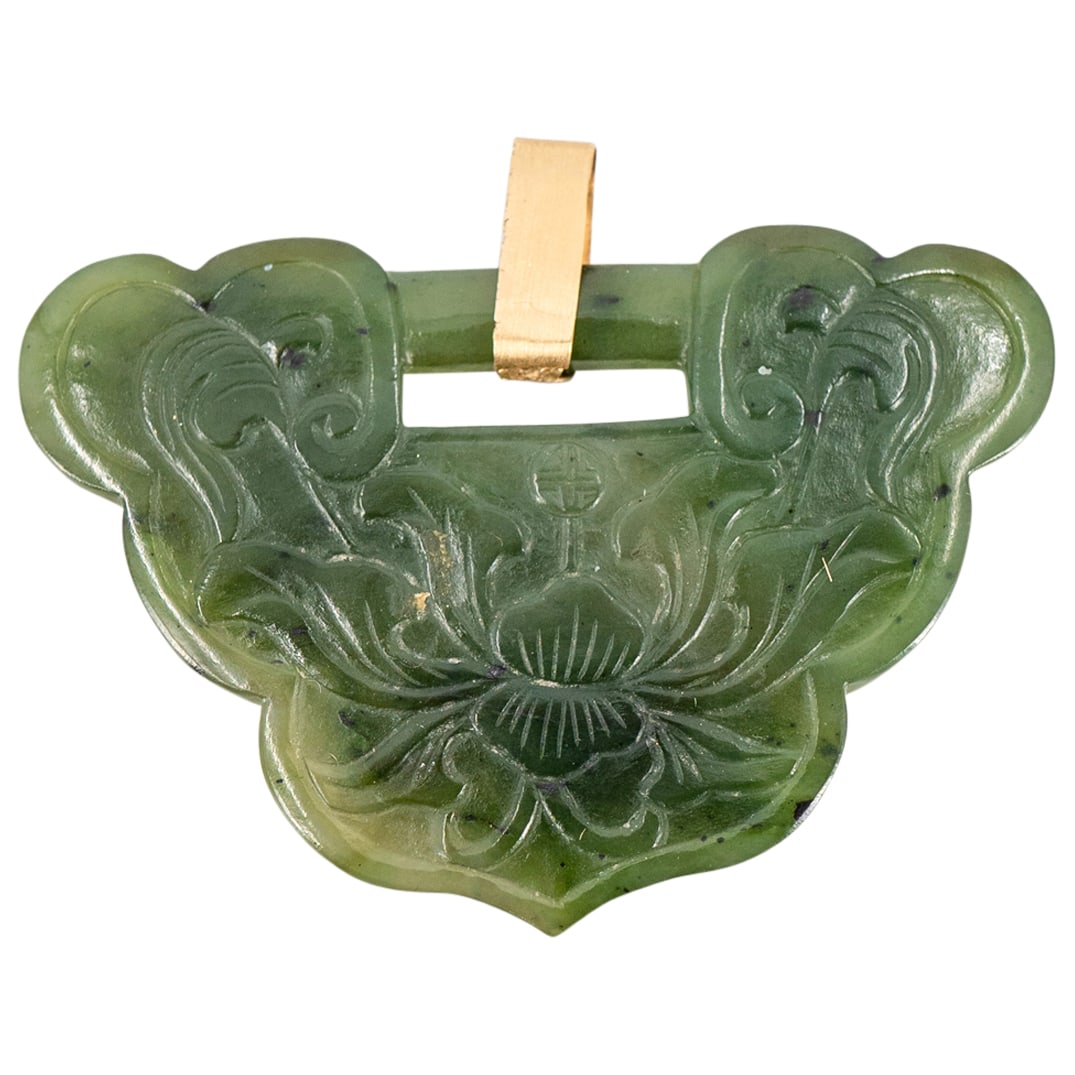 Very Fine Chinese Carved Spinach Jade 14k Lock Form Pendant Auction
