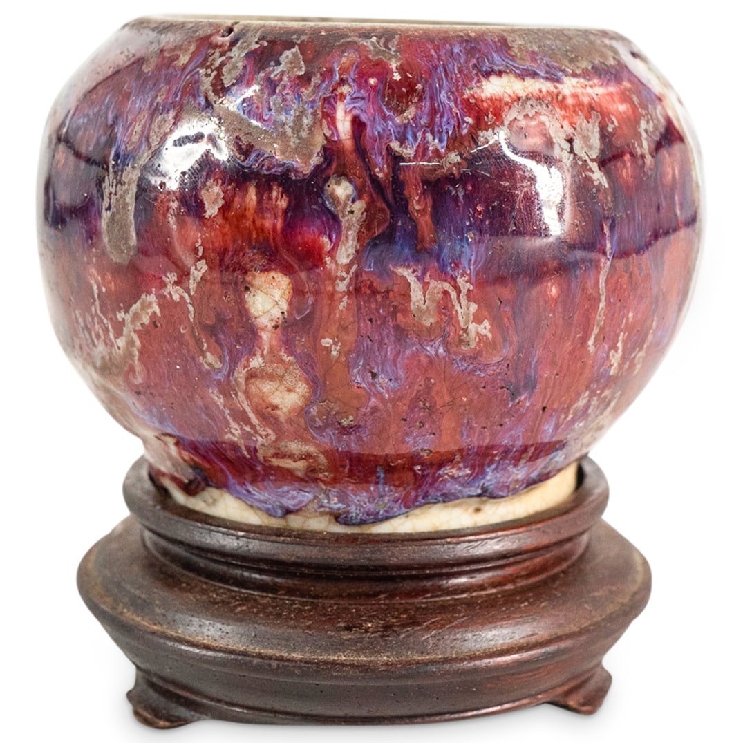 Fine Antique Chinese Flambe Glazed Porcelain Water Pot W/ Wooden Stand (1 of 5)