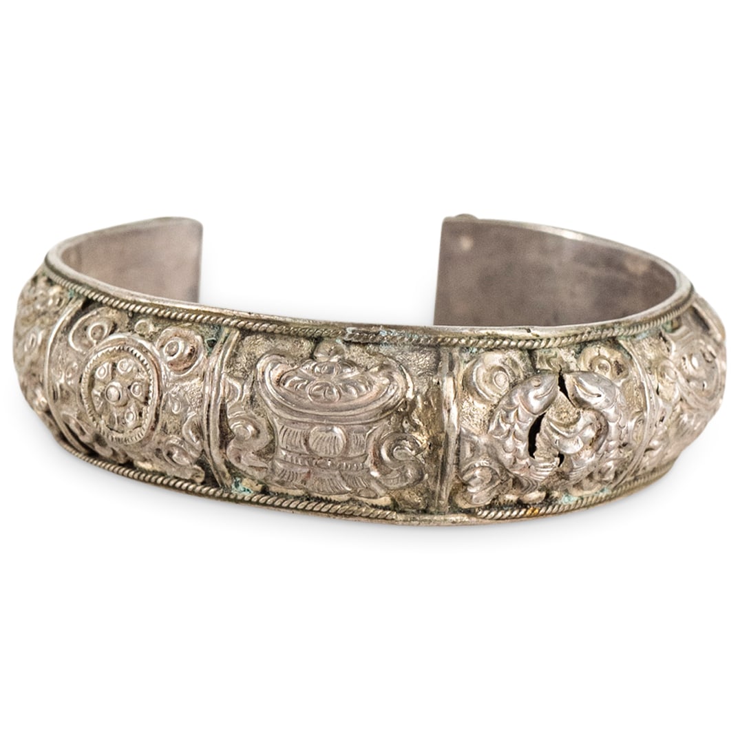 Antique Chinese Sterling Silver Buddhist Symbols Bangle (1 of 3)