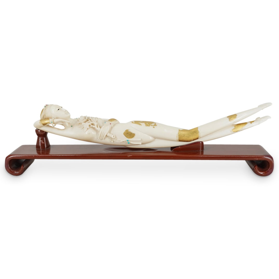 Large Chinese Hand Carved Doctor Lady w/ Gold Leaf: DESCRIPTION: Large Chinese hand carved "doctor lady" featuring hand carved erotic lady laying down holding a rose finished with gold leaf and jewels. CIRCA: 1920-1940s ORIGIN: China DIMENSIONS: L:23.5