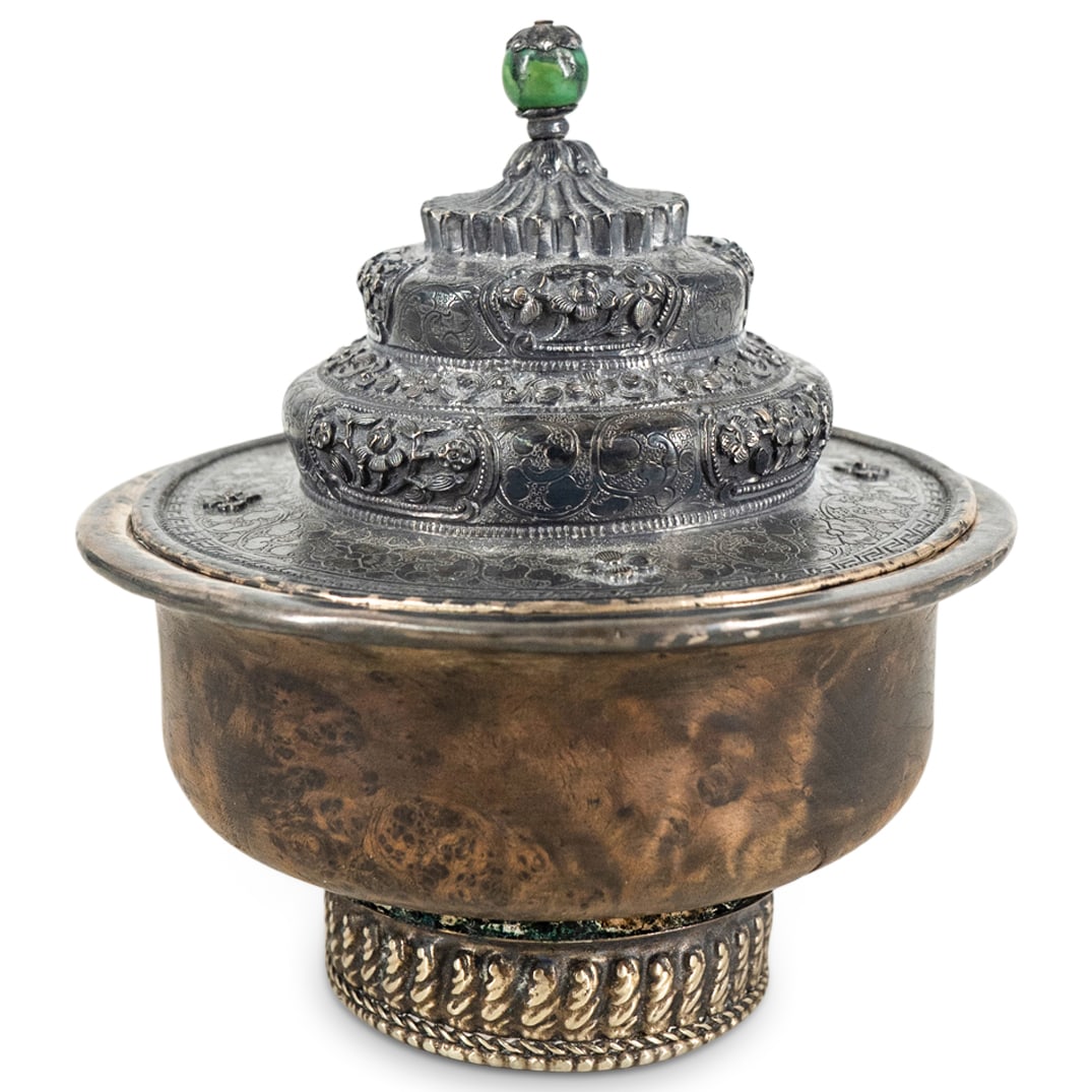 Antique Sino-Tibetan Burlwood & Engraved Sterling Silver Offering Bowl (1 of 4)