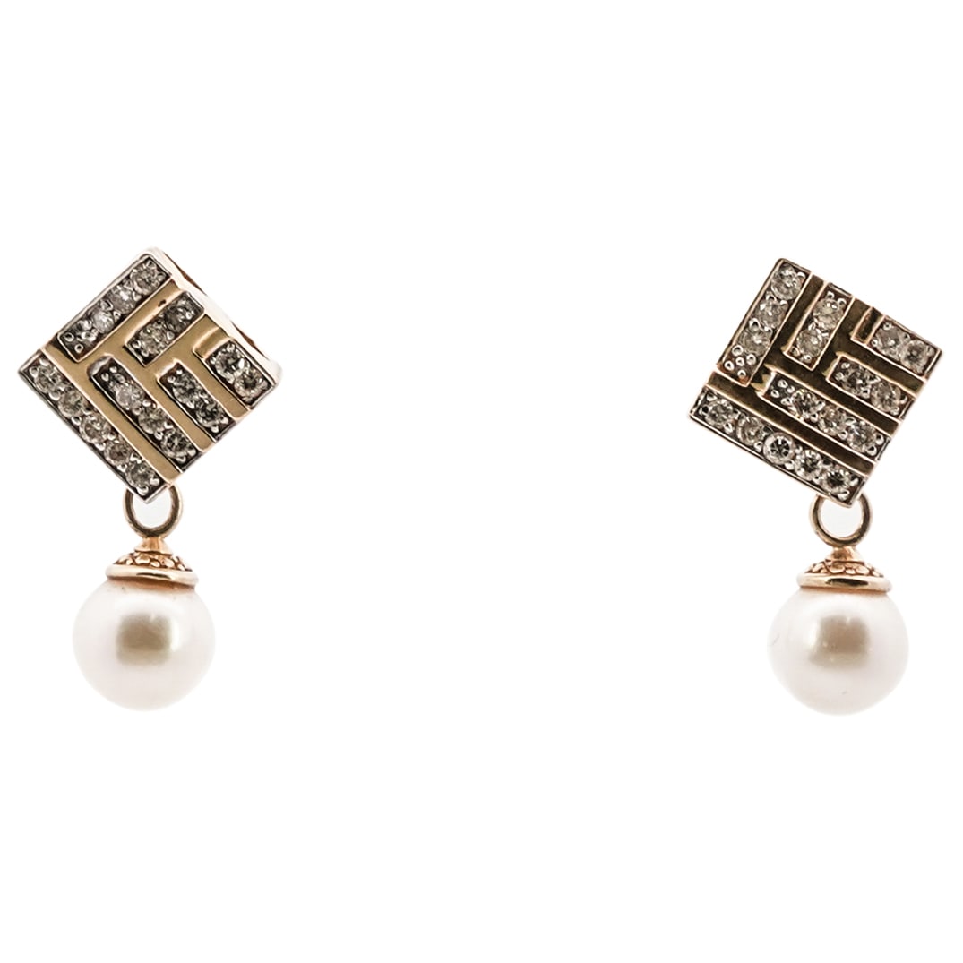 Modernist 14k Gold Diamond and Pearl Earrings (1 of 4)