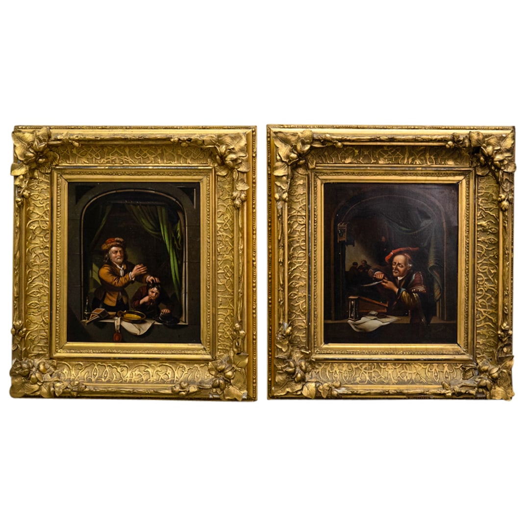 Pair Antique After Gerrit Dou Dentist & Scholar Oils On Panels: DESCRIPTION: Pair of antique oils on panels after Gerrit Dou, one depicting a dentist pulling a tooth, the other depicting a scholar sharpening his quill. CIRCA: 19th Century ORIGIN: European DIMENSIO