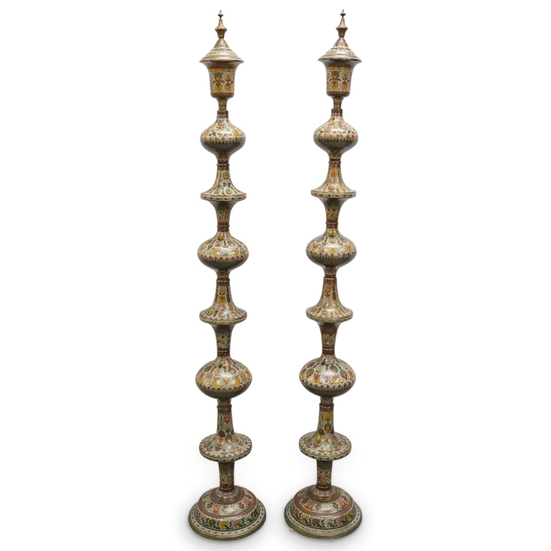 Pair of Indian Polychrome Enamel Oil Lamps (1 of 7)