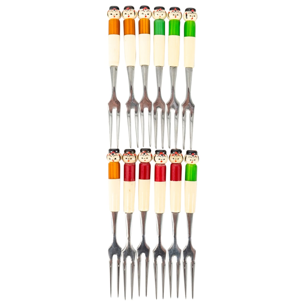 (12 Pc) Vintage Japanese Kokeshi Doll Hors D'Oeuvre Forks (1 of 5)