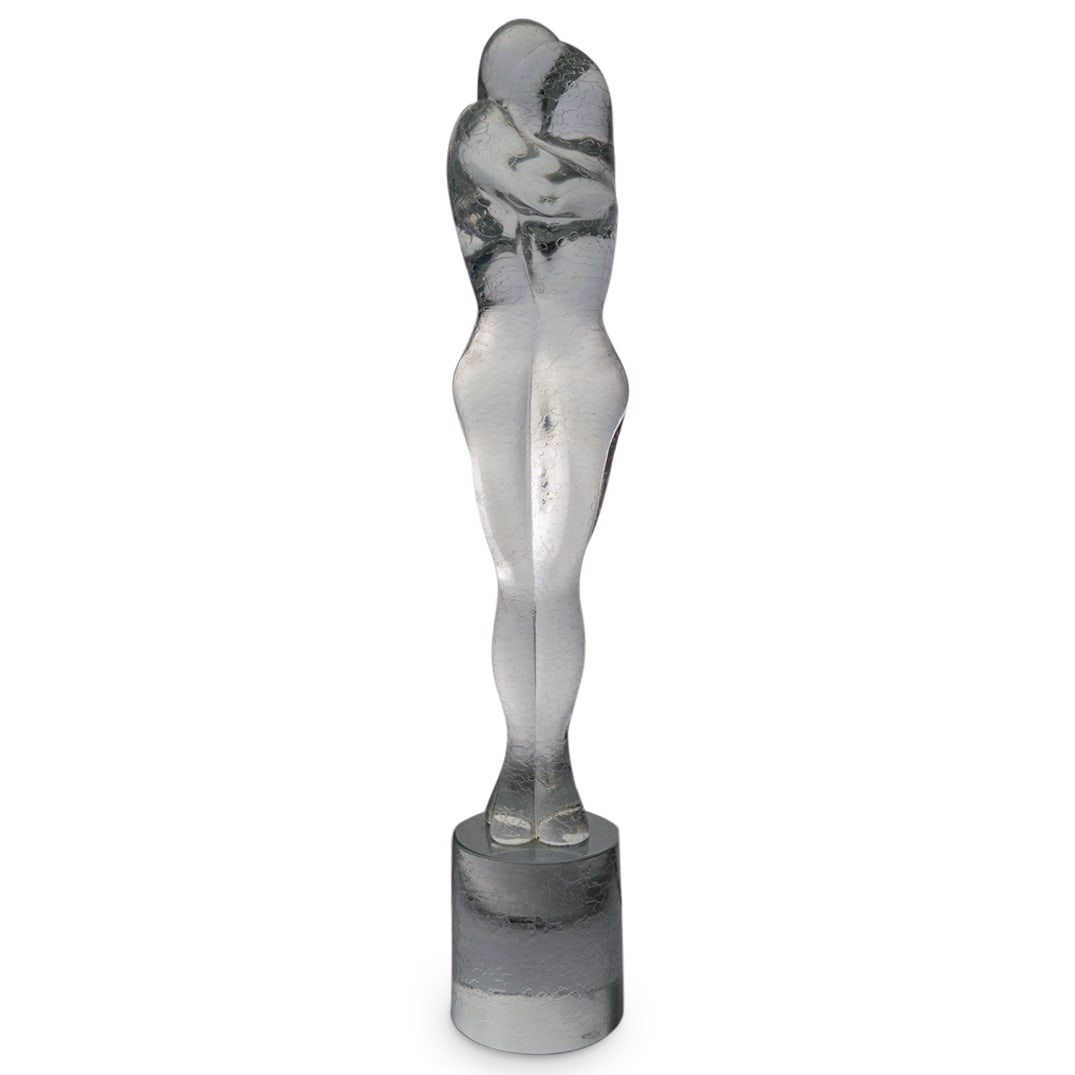 Arnaldo Zanella (Italian, B. 1949) Embracing Lovers Glass Sculpture: DESCRIPTION: Textured art glass sculpture by Arnaldo Zanella (Italian, b. 1949) depicting two embracing lovers. Signed at base. CIRCA: Late 20th - Early 21st Century ORIGIN: Italian DIMENSIONS: H: 24"