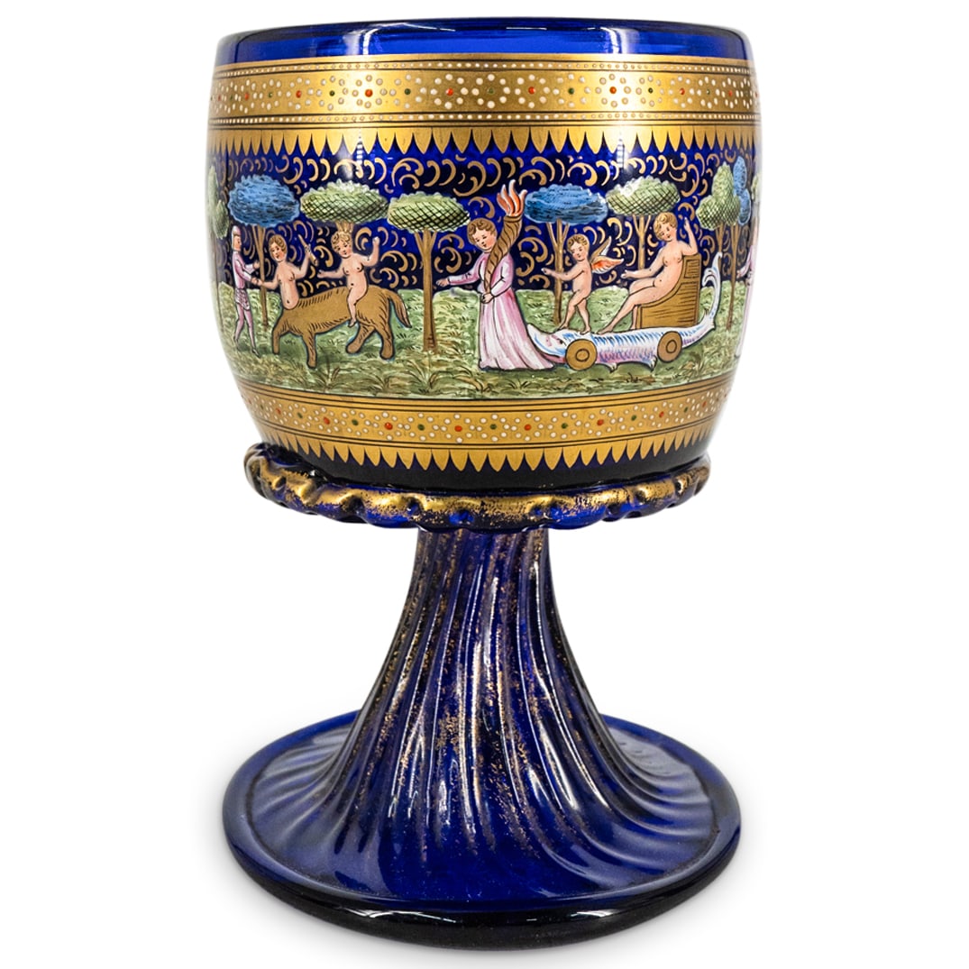 Antique Bohemian Enamel Cobalt Blue Glass Chalice: DESCRIPTION: Antique Bohemian Enamel Cobalt Blue Glass Chalice. Decorated with a hand painted figural procession of female figures and cherubs, and further embellished with overall gilt accents. CIRCA
