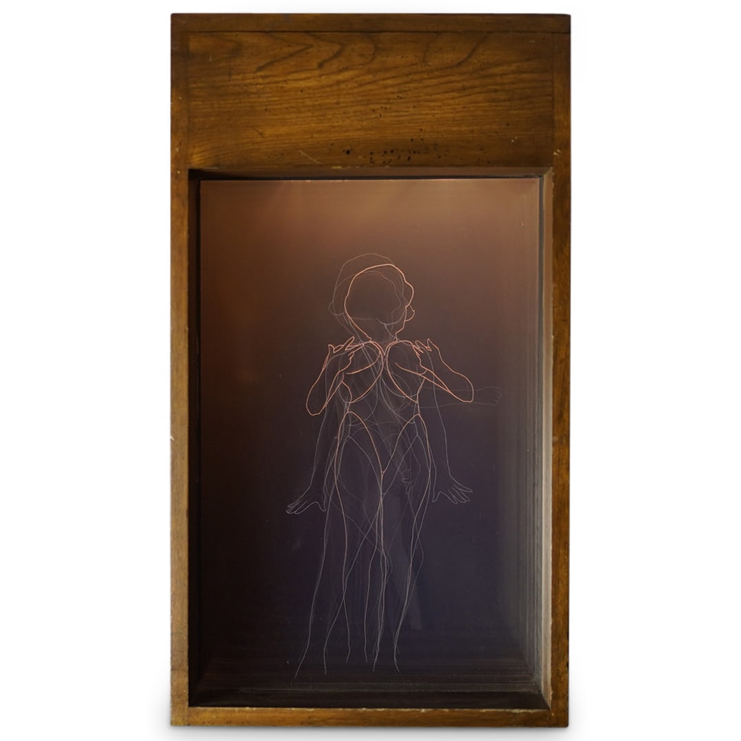 Gerald Gooch (American b. 1933) Stop Motion "Big Al" Illuminated Art: DESCRIPTION: Gerald Gooch (American b. 1933) Erotic stop action illuminated art instillation, titled: "Big Al" features a wood console with multiple etched lucite layers depicting figural nude silhoue