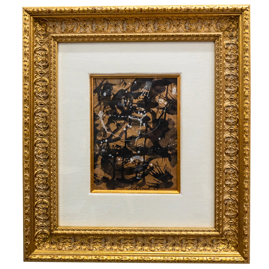 After Jackson Pollock Abstract Watercolor On Paper: DESCRIPTION: Abstract watercolor on paper painting after Jackson Pollock. Bears signature and date at lower right. CIRCA: 20th Century ORIGIN: American DIMENSIONS: (Sight) H: 9.25" W: 7" (Frame) H: 20