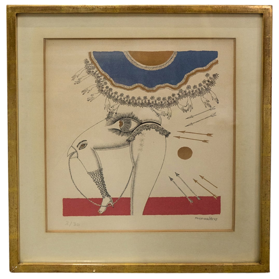 Max Walter Svanberg (1912â€“1994) Lithograph: DESCRIPTION: Lithograph by Max Walter Svanberg featuring gold leaf applications and depicting surreal imagery involving a pair of legs, several eyes and hands, and a beak on one leg's knee. Signed in 