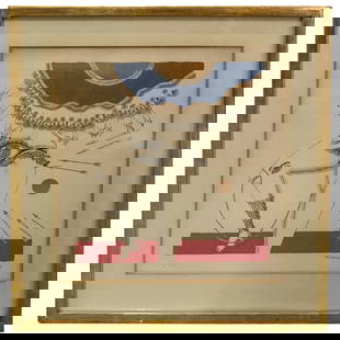 Max Walter Svanberg (1912â€“1994) Lithograph: DESCRIPTION: Lithograph by Max Walter Svanberg featuring gold leaf applications and depicting surreal imagery involving a pair of legs, several eyes and hands, and a beak on one leg's knee. Signed in