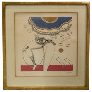 Max Walter Svanberg (1912â€“1994) Lithograph: DESCRIPTION: Lithograph by Max Walter Svanberg featuring gold leaf applications and depicting surreal imagery involving a pair of legs, several eyes and hands, and a beak on one leg's knee. Signed in