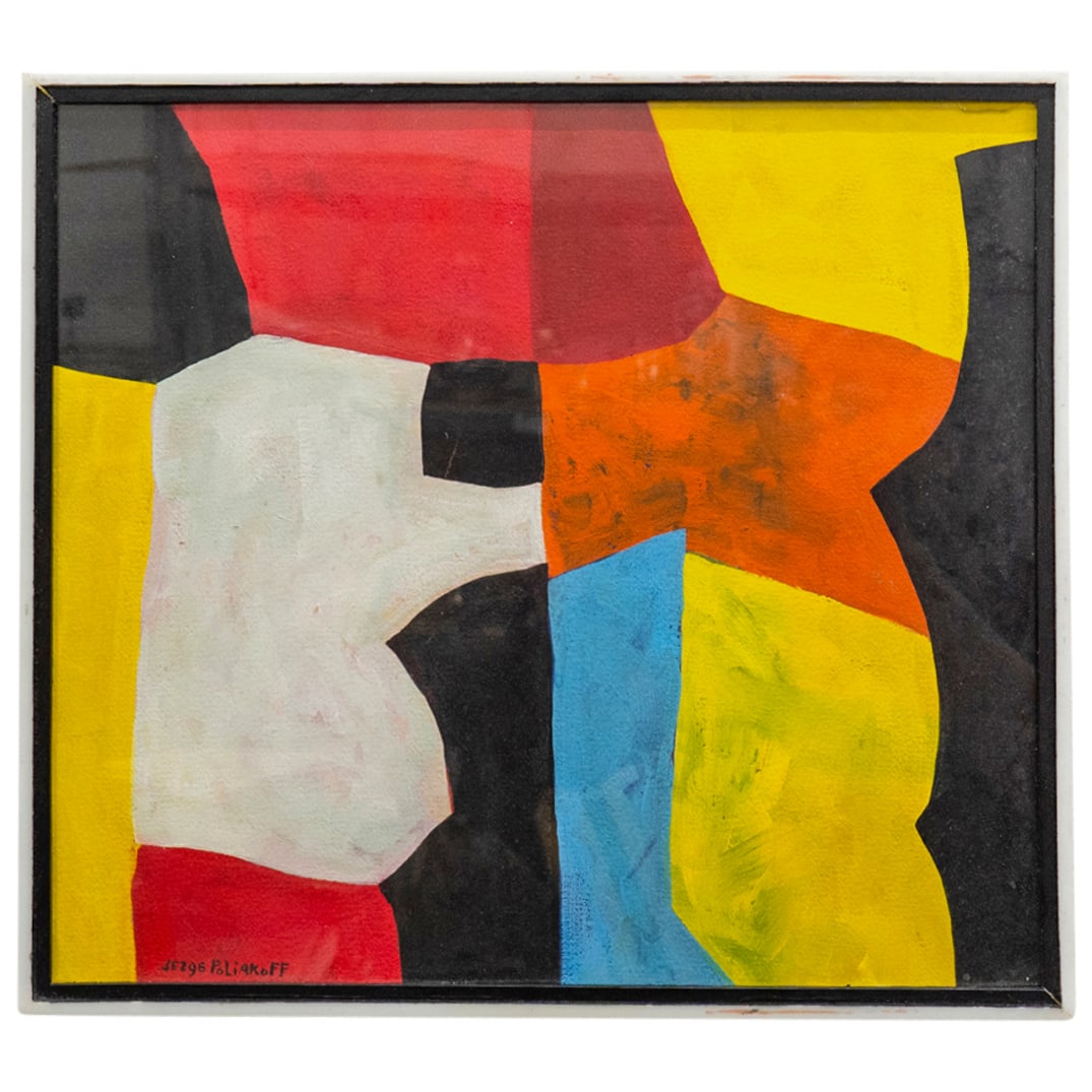 After Serge Poliakoff Abstract Gouache On Paper: DESCRIPTION: Abstract gouache on paper painting after Serge Poliakoff. Bears signature at lower left. CIRCA: 20th Century ORIGIN: Continental DIMENSIONS: (Sight) H: 14.5" W: 16.5" (Frame) H: 15.75" W: