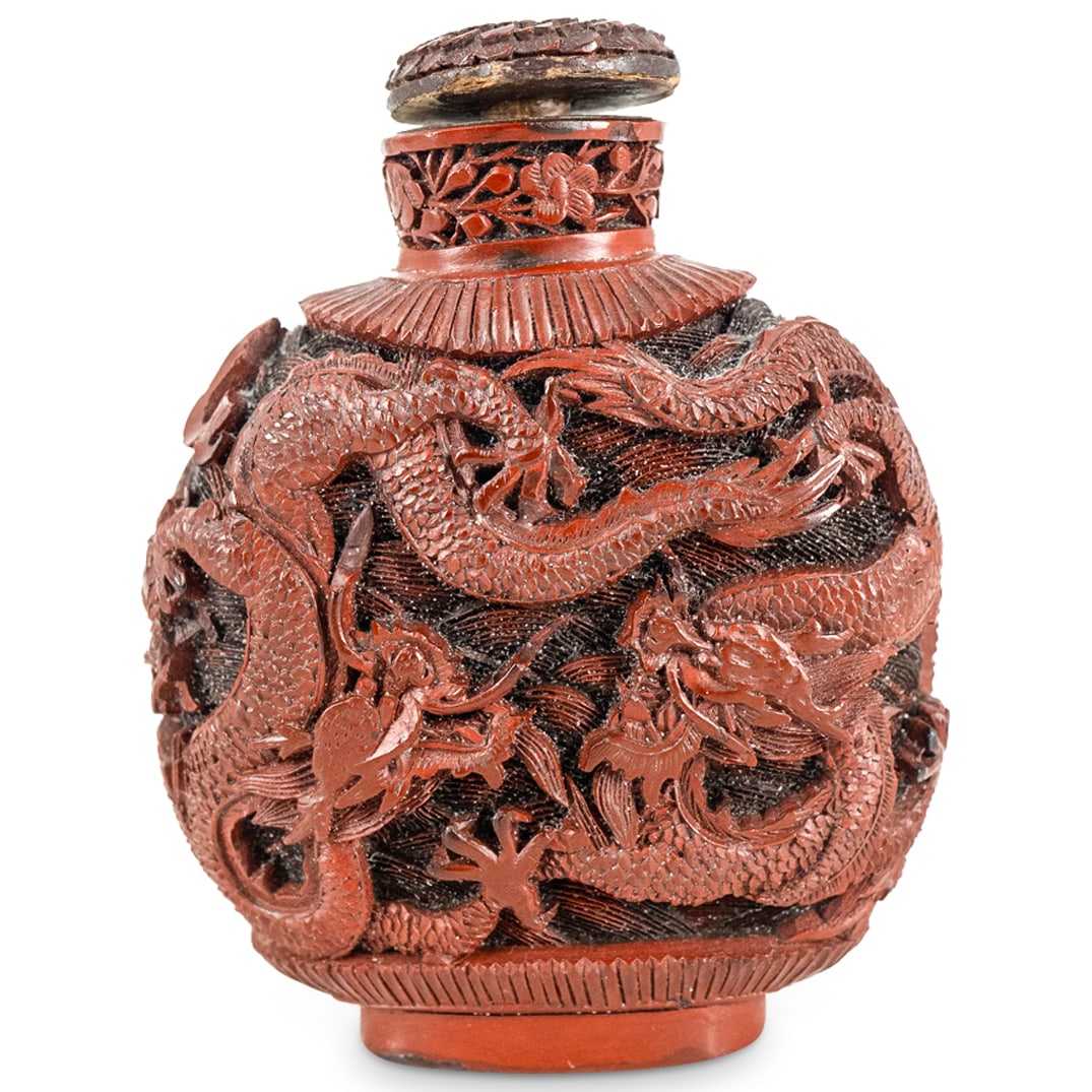 Large Fine Chinese Carved Red Cinnabar Dragon Snuff Bottle (1 of 3)