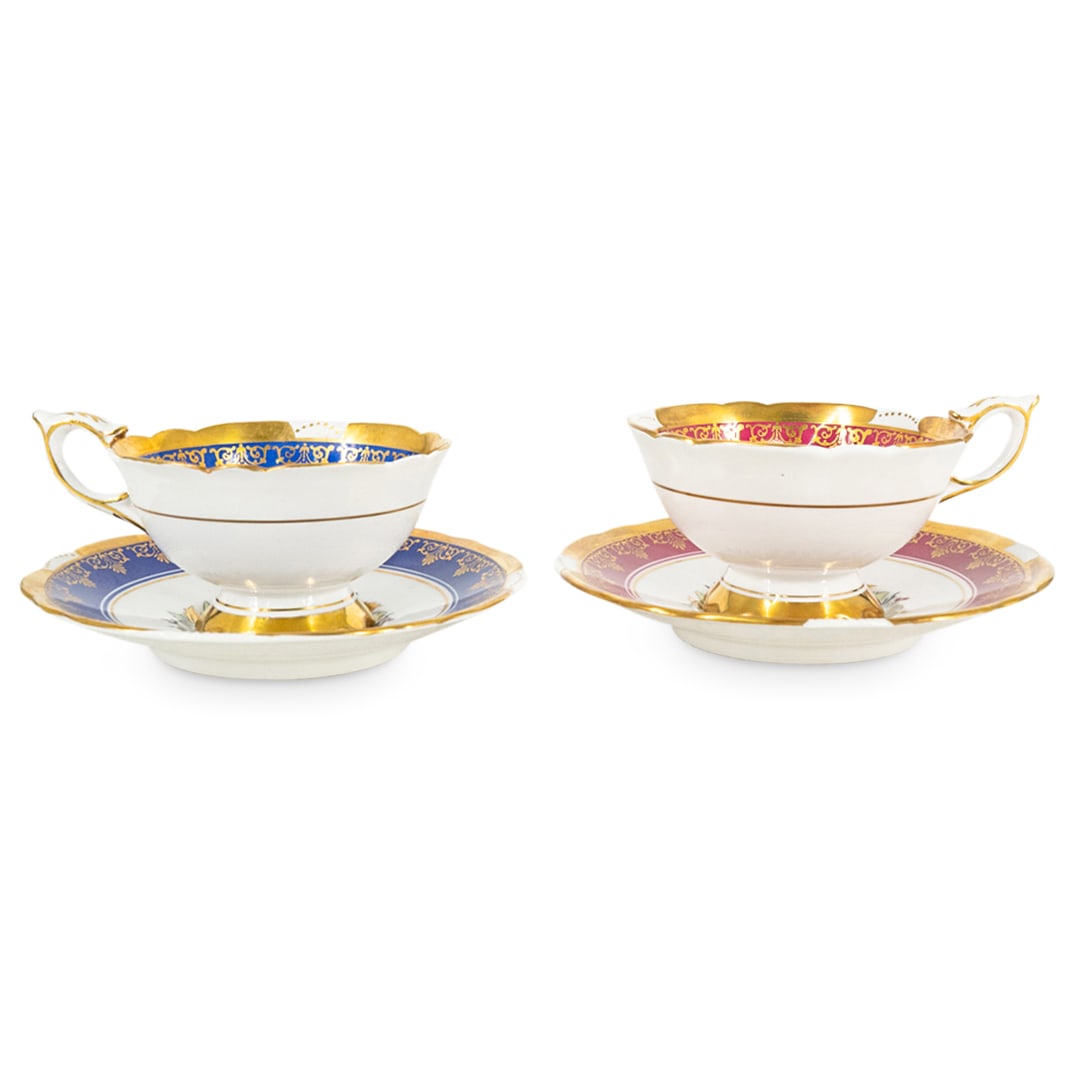 (4 Pc) English Royal Stafford "Poinsettia" Footed Cup & Saucer Set (1 of 7)