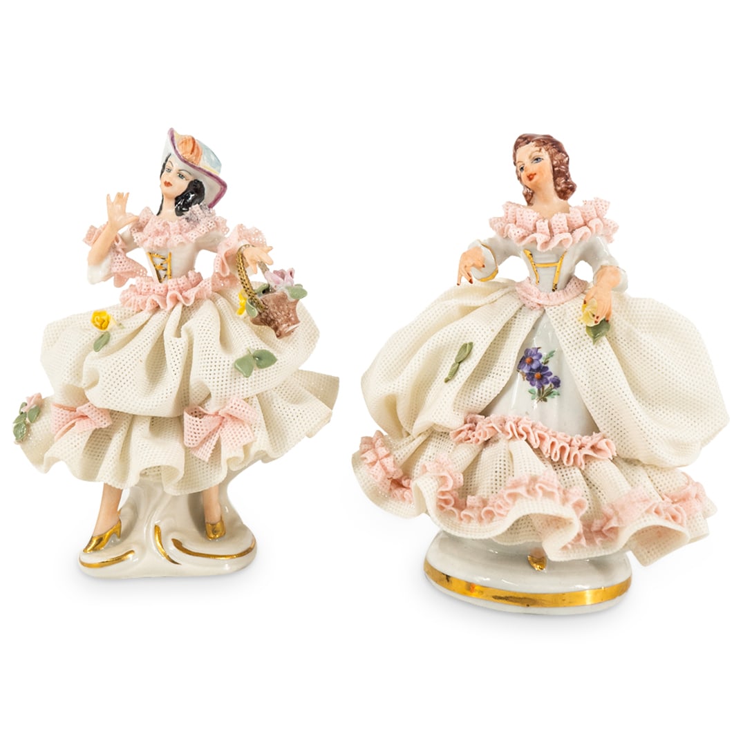 (2 Pc) German Dresden Lace Porcelain Figurines (1 of 5)