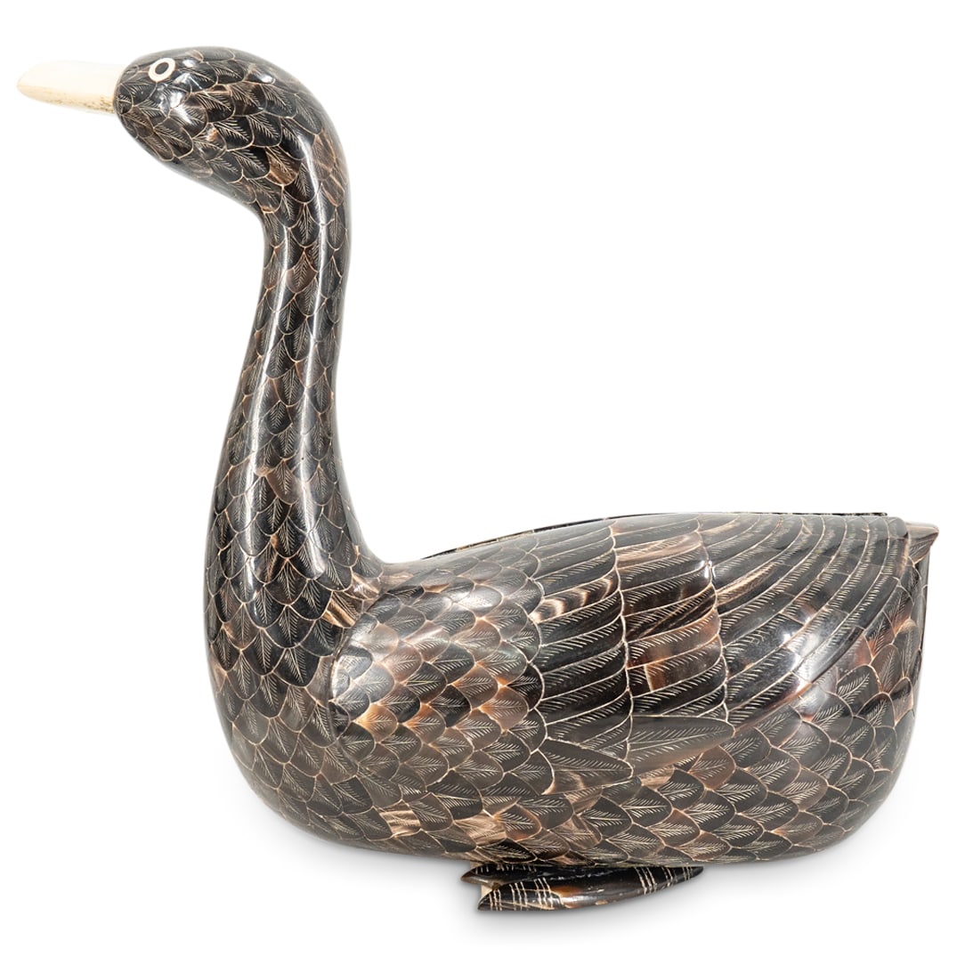 Antique Tessellated Horn, Bone, Mother Of Pearl Duck: DESCRIPTION: Antique sculpture depicting a duck composed of carved and tessellated horn body, neck, and head and featuring a carved bone beak and carved bone and mother-of-pearl eyes. CIRCA: 20th Cent