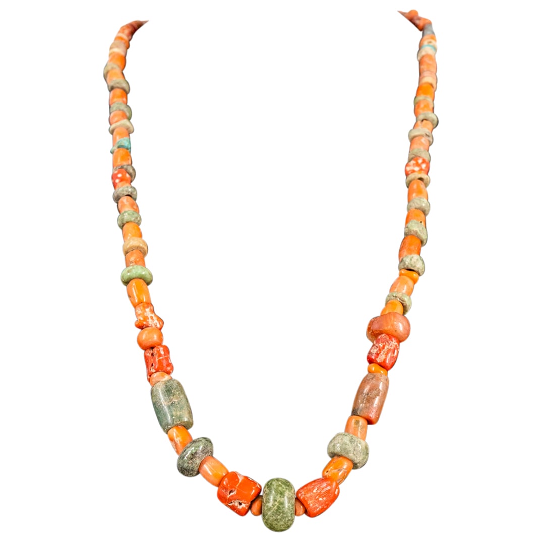Ancient Pre-Columbian Red Coral & Jade Beaded Necklace (1 of 3)