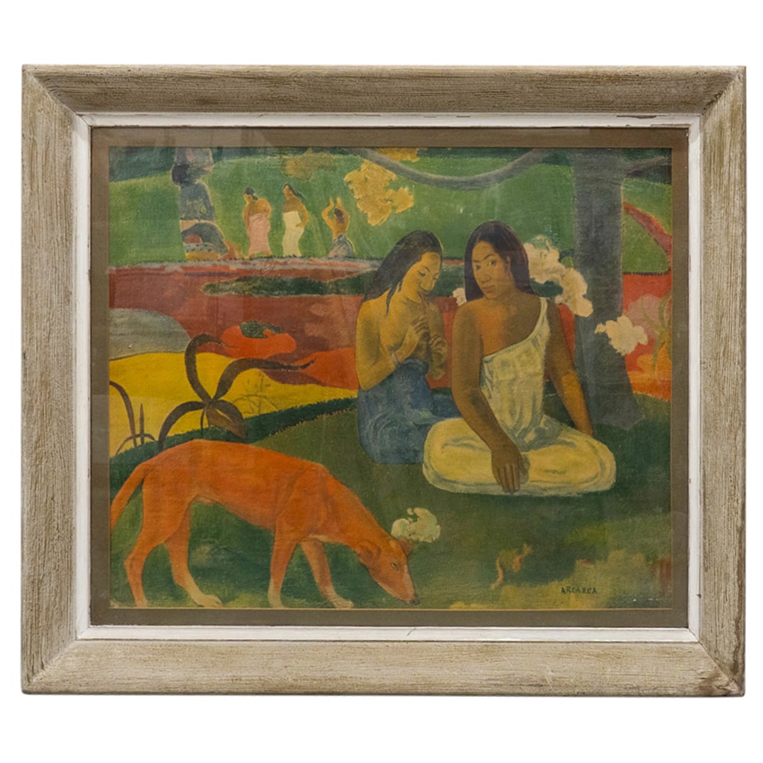 After Paul Gauguin "Arearea" Print: DESCRIPTION: After Paul Gauguin's "Arearea" print depicting figures and a dog. Backed on cardboard. "Arearea" at lower right. CIRCA: 20th Century ORIGIN: Continental DIMENSIONS: (Sight) H: 24.5" W: 31