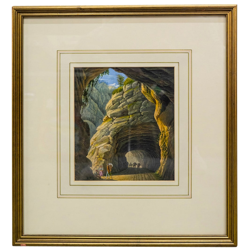 Antique Watercolor Cave Themed Painting: DESCRIPTION: Framed antique watercolor on paper painting depicting a exterior landscape scene with several figures inside a cave and a group of packhorses. CIRCA: Late 19th-Early 20th Century ORIGIN: 