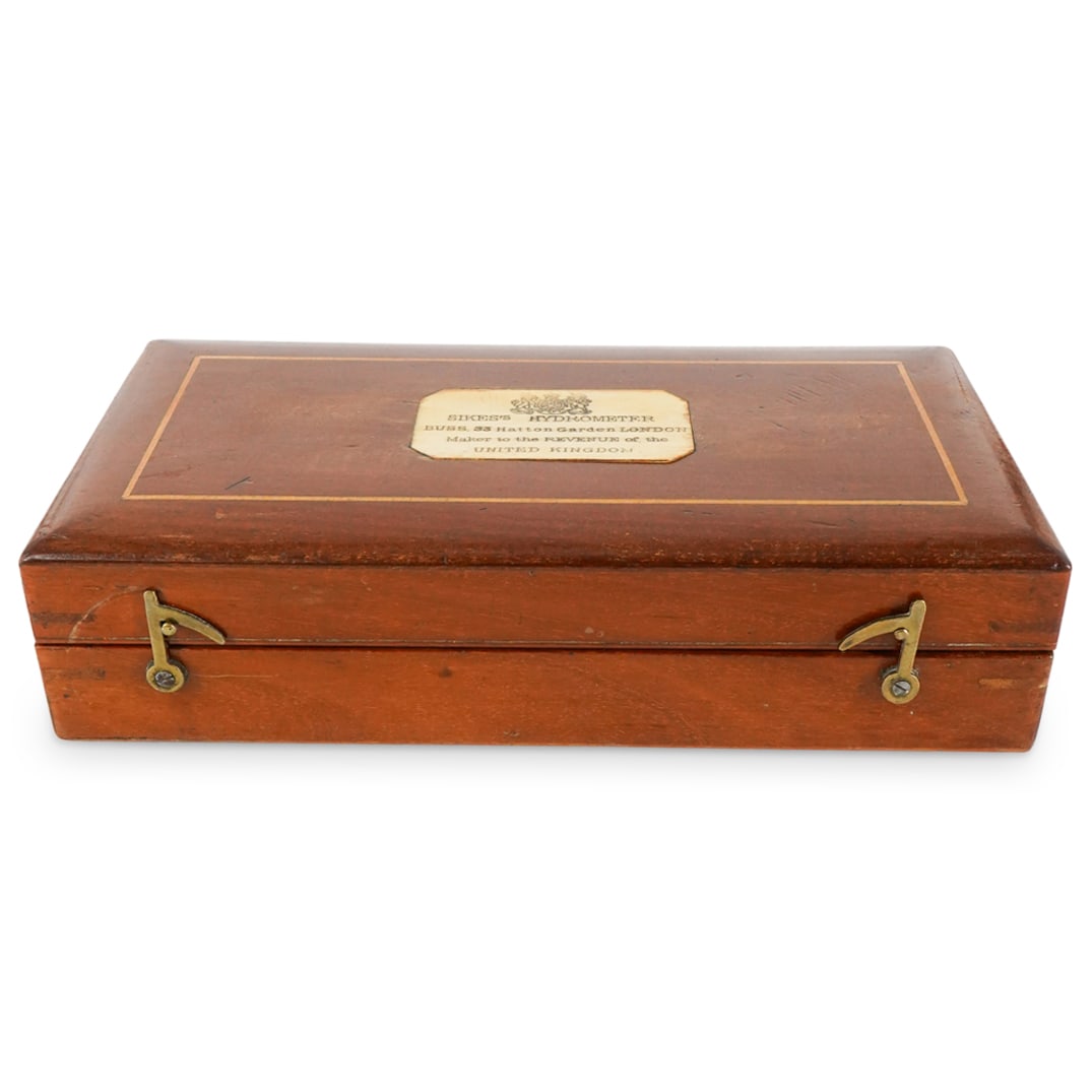 Victorian English Sikes' Hydrometer In Original Mahogany Box: DESCRIPTION: Antique Sikes' hydrometer and thermometer in a silk and velvet lined mahogany box marked on its hinged lid with a bone plaque emblazoned "SIKES'S HYDROMETER". CIRCA: Late 19th Century ORI