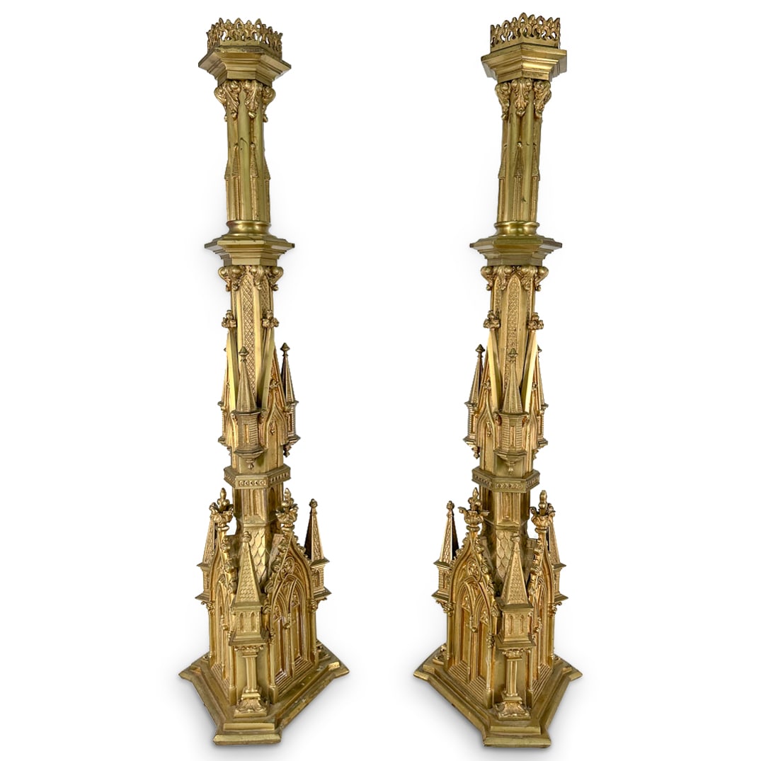 Pair Antique Bronze Gothic Revival Candle Sticks (1 of 5)