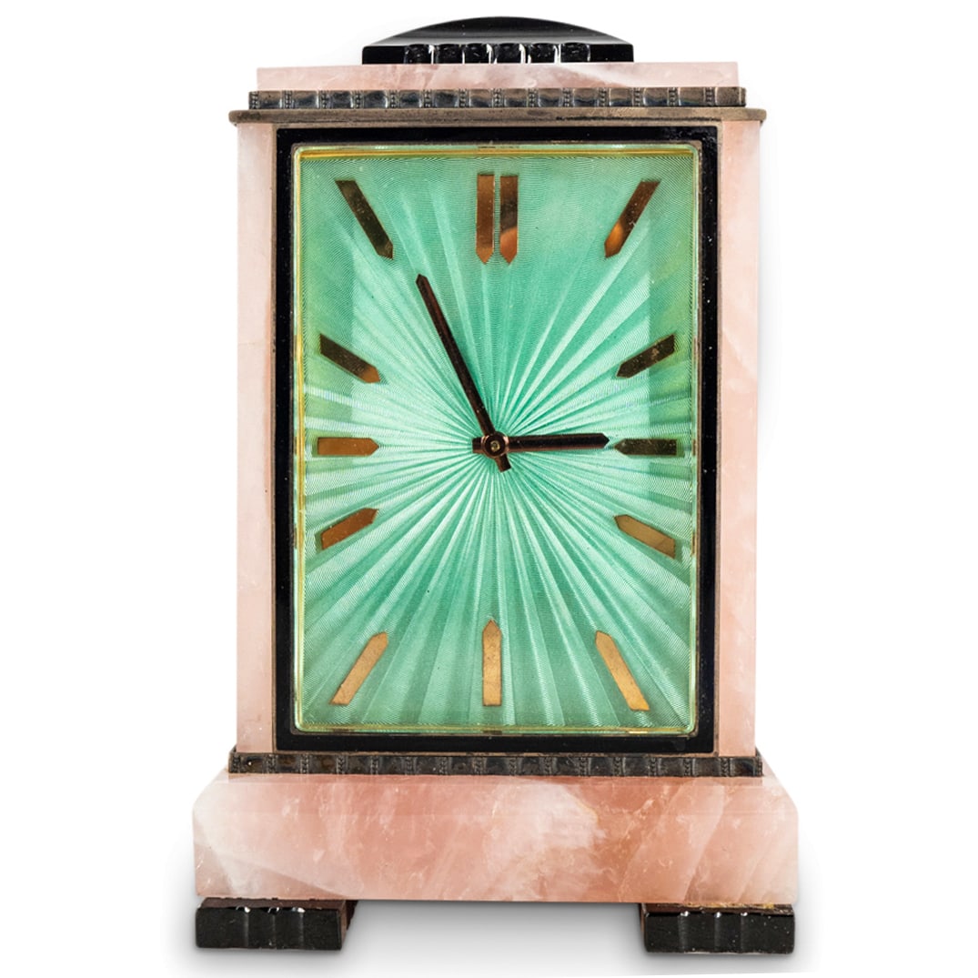 E. Gubelin Art Deco Rose Quartz, Guilloche & 875 Gilt Silver Desk Clock (1 of 5)