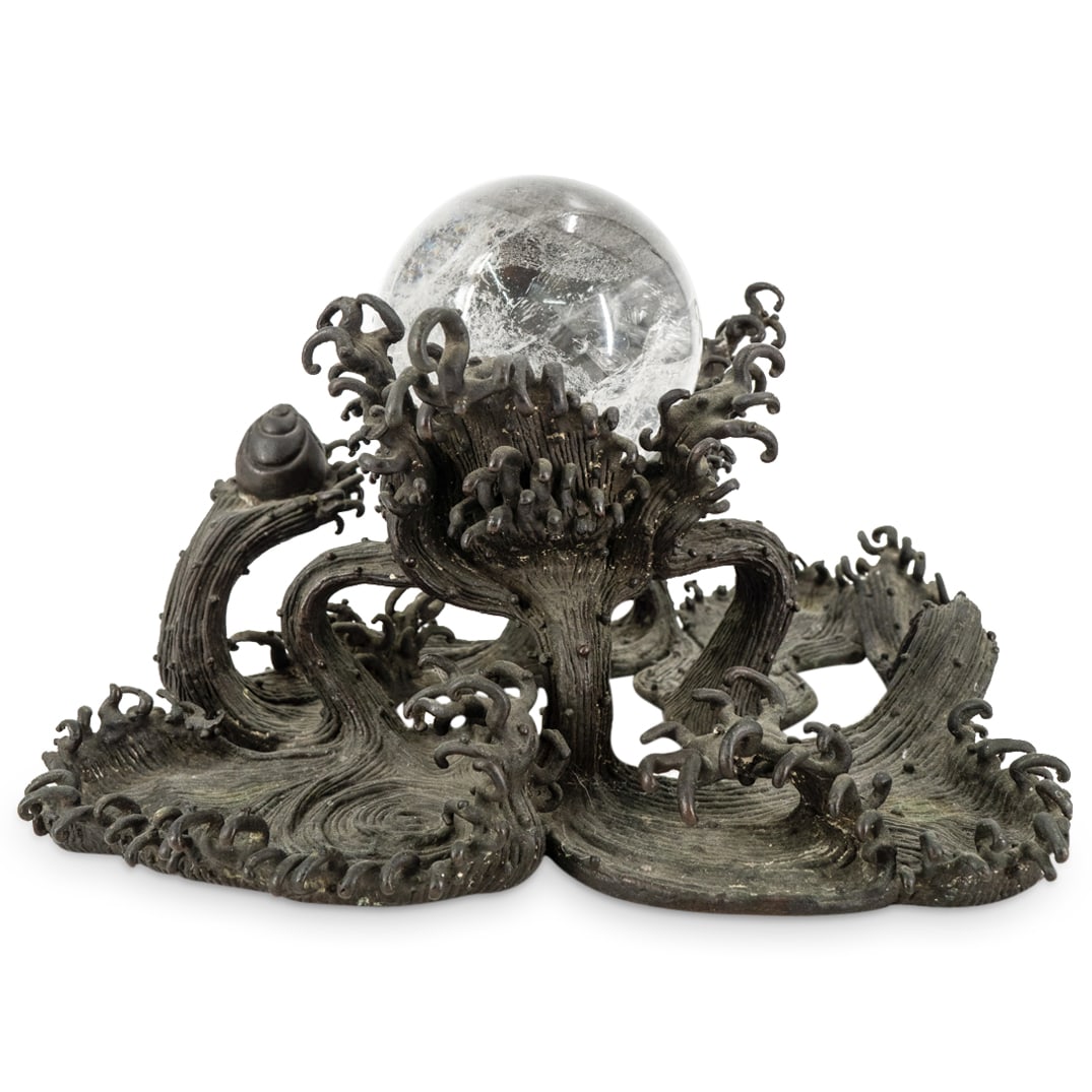 Antique Japanese Meiji Bronze Wave & Rock Crystal Sphere (1 of 6)
