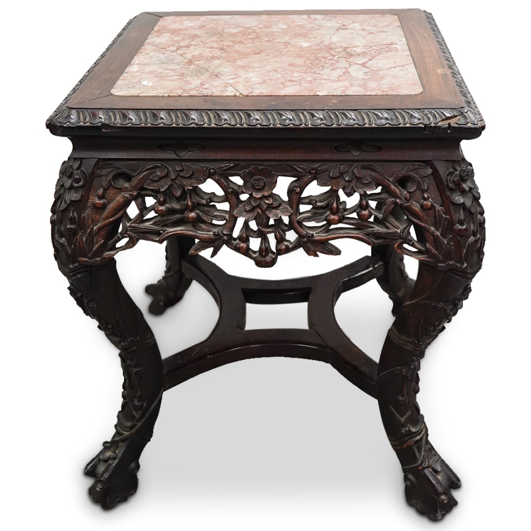Antique Chinese Marble & Wood Side Table (1 of 6)
