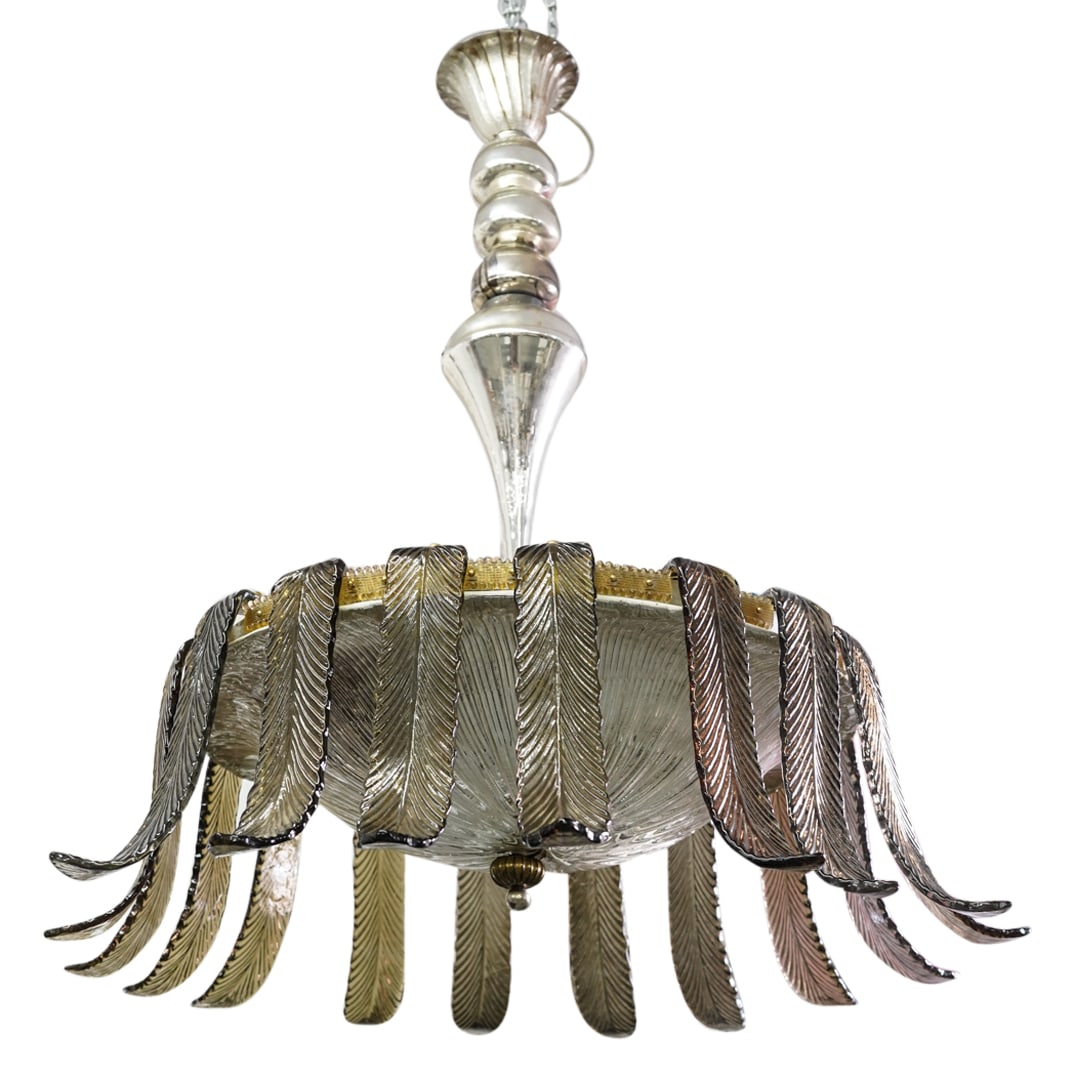 Ex Christie's Attr. To Barovier & Toso Feather Chandelier: DESCRIPTION: Attributed to Barovier & Toso chandelier featuring textured shade hanging from a baluster form stem and hung with amber tone glass feather trimmings. Christie's tag: 02-Mar-10 2292 Lot 45
