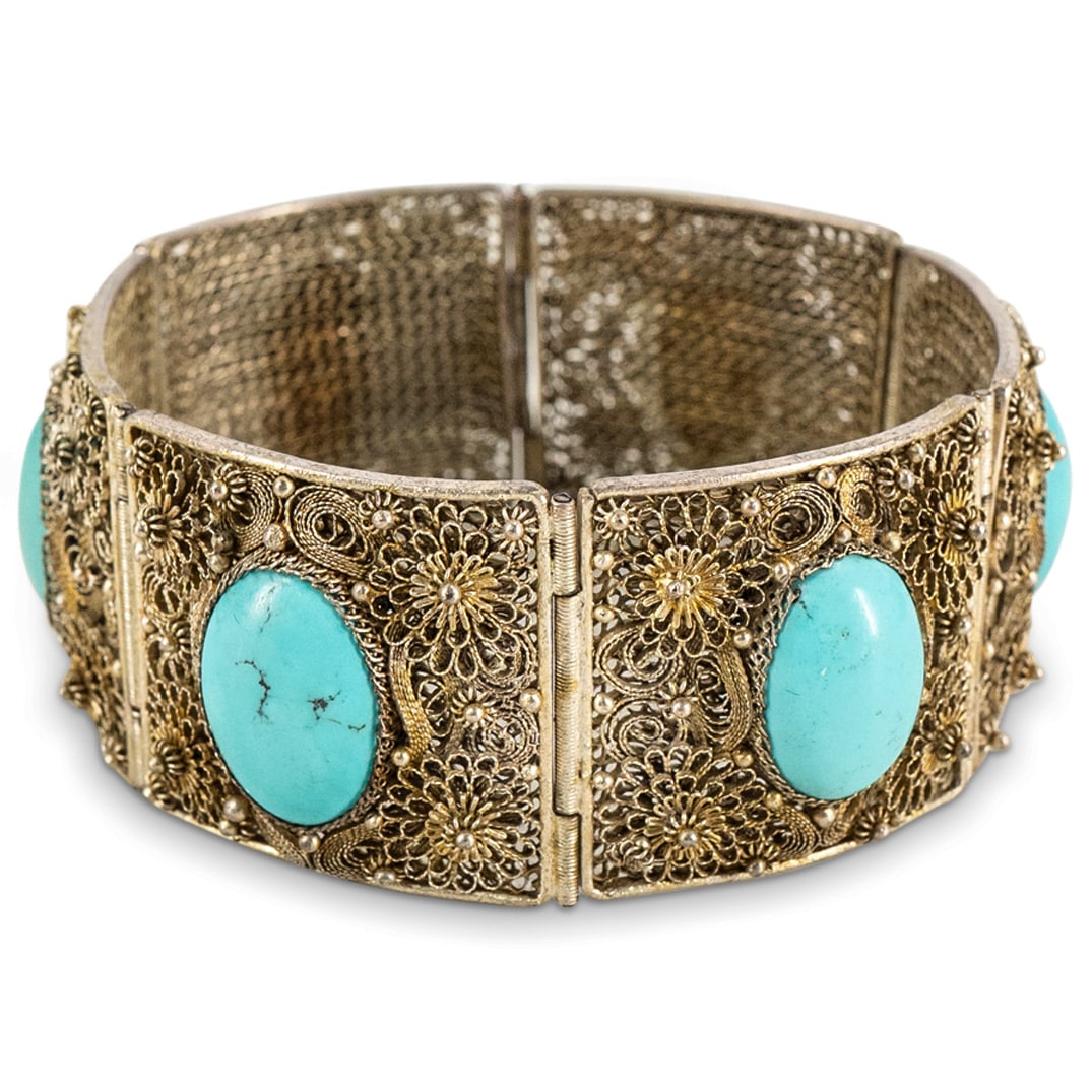 Antique Chinese Silver Filigree And Turquoise Bracelet (1 of 5)