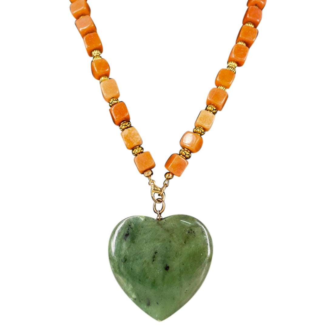 Brown Jade Bead Necklace W/ Spinach Jade Pendant (1 of 7)