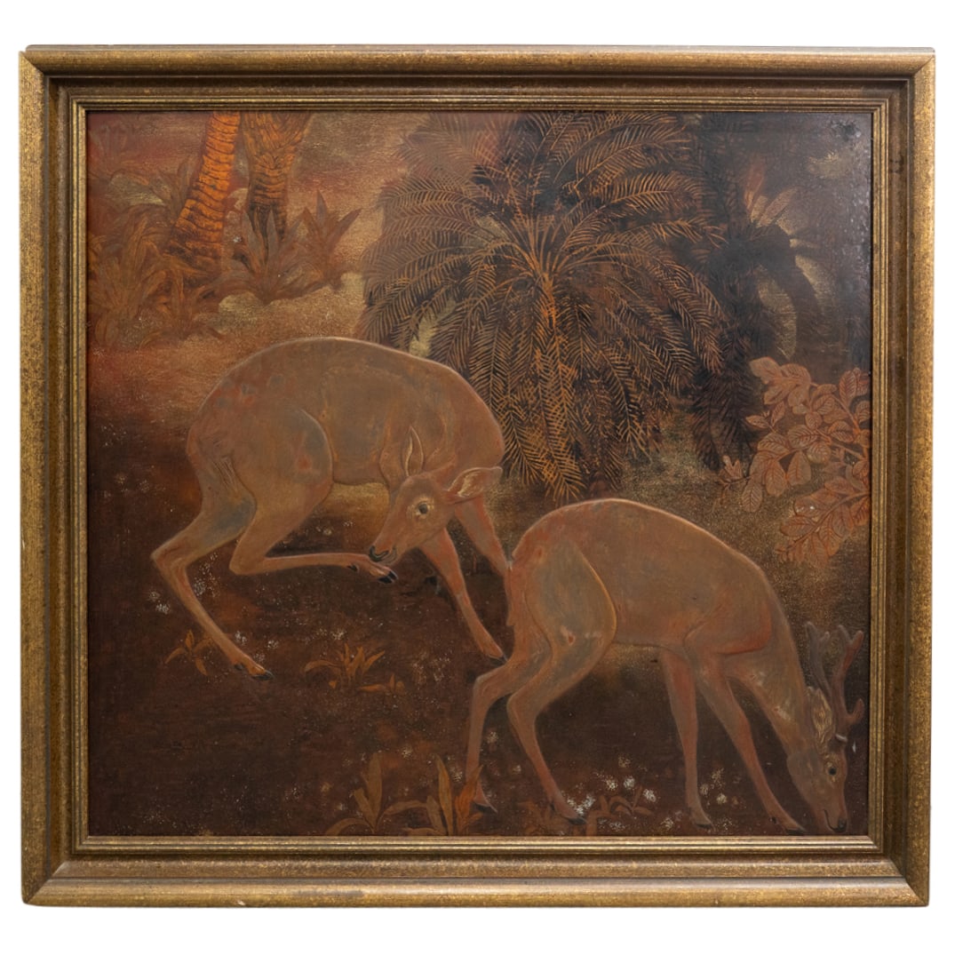 Attr. To Jean Dunand (1877-1942) Deer Buck W/ Doe Panel: DESCRIPTION: Lacquered panel attributed to Jean Dunand depicting a deer buck foraging while his doe scratches her hind foot among gilt and mother-of-pearl accented tropical foliage. Mounted in a gilt