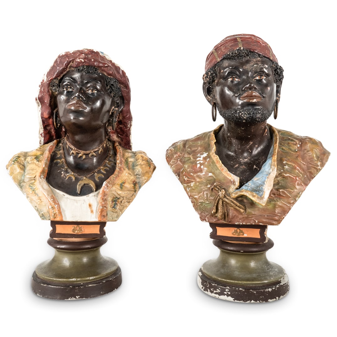 Pair Of Antique Polychrome Ceramic Blackamoor Busts (1 of 10)