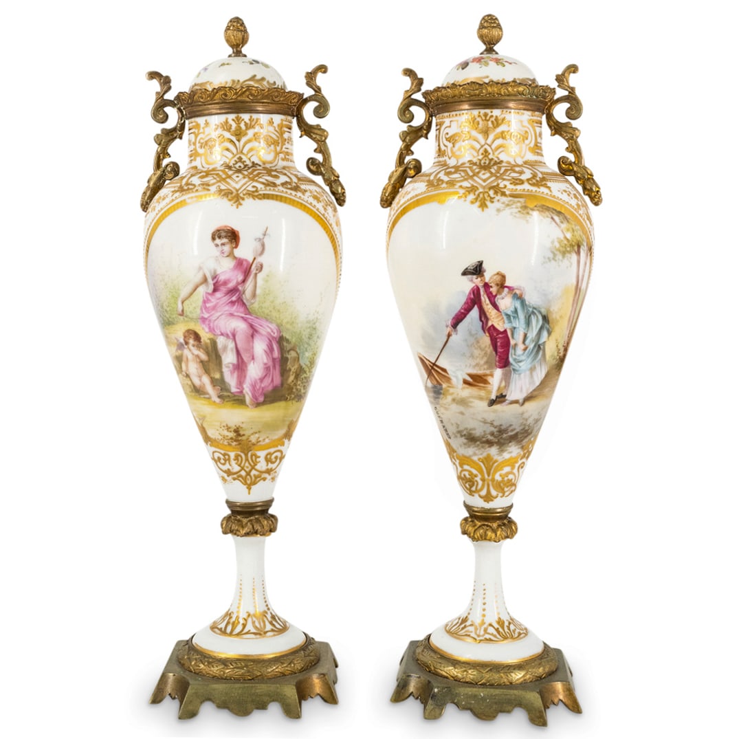 (2 Pc )Antique French Sevres Style Ormolu Porcelain Garniture Urns (1 of 13)