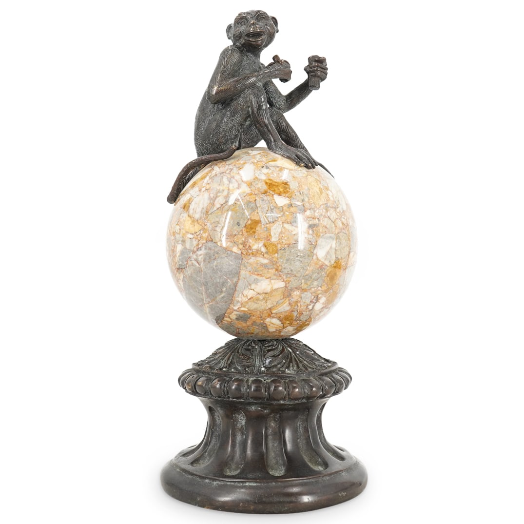 Antique European Bronze Monkey On Granite Sphere (1 of 6)