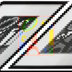 After Joan Miro (Spanish,1893) Acrylic on Paper Painting: DESCRIPTION: After Joan Miro (Spanish,1893) Acrylic on paper painting featuring traditional abstract designs in vibrant colors, signed: "Miro" mounted in black modern frame. CIRCA: 20th Cent. ORIGIN: