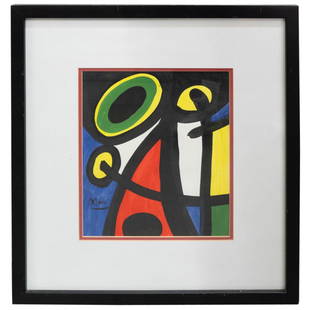 After Joan Miro (Spanish,1893) Acrylic on Paper Painting: DESCRIPTION: After Joan Miro (Spanish,1893) Acrylic on paper painting featuring traditional abstract designs in vibrant colors, signed: "Miro" mounted in black modern frame. CIRCA: 20th Cent. ORIGIN: