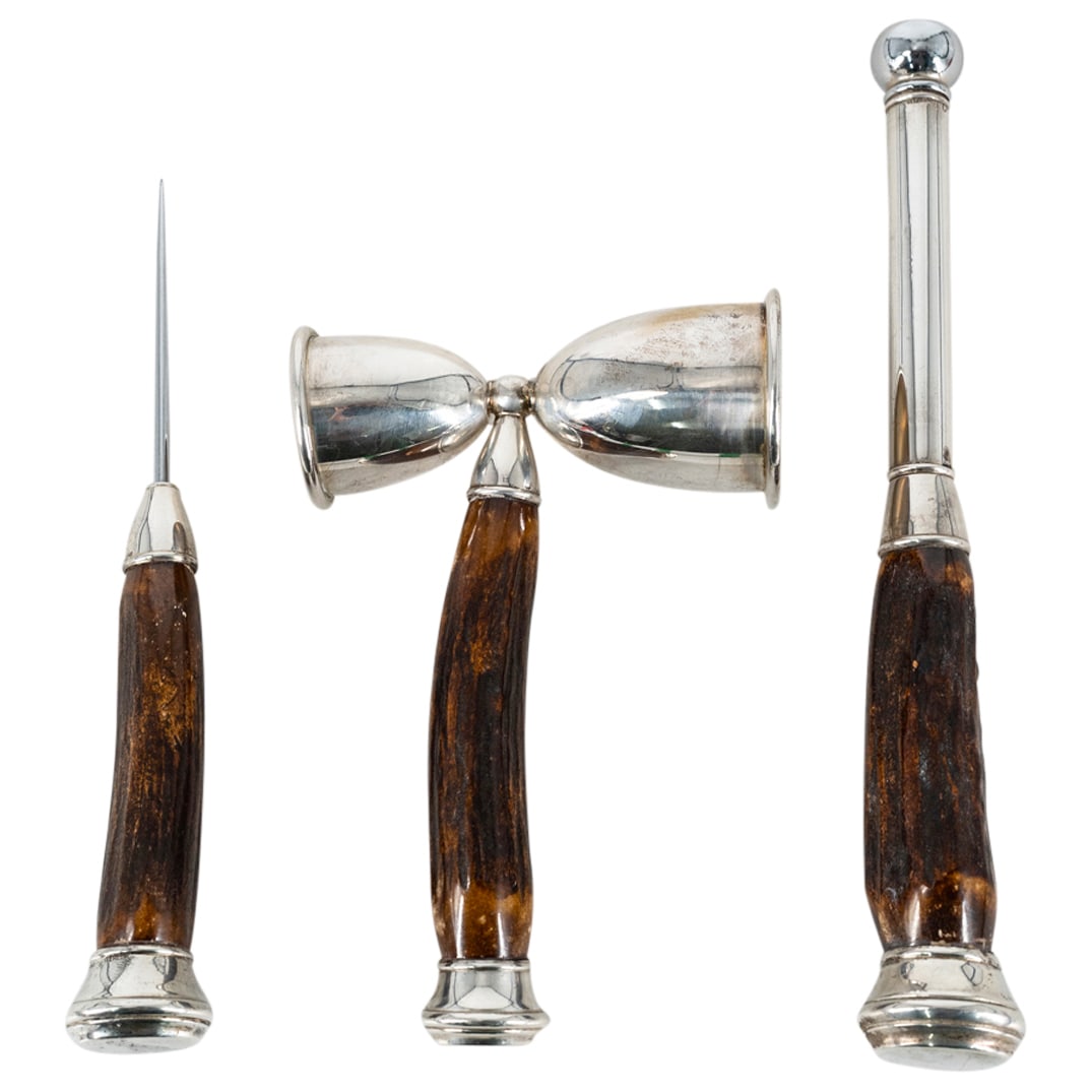 (3 Pc) Antique American Sterling Silver, Horn Bar Tools: DESCRIPTION: Three bartender's tools by, each featuring a carved horn handle fitted with sterling silver by John Hasselbring: one ice pick, one jigger, and one muddler. Each piece is hallmarked "JH" a