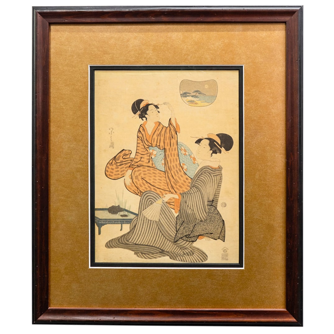 Hosoda Eishi Woodblock: DESCRIPTION: Hosoda Eishi Woodblock depicting two women in robe. Character stamps to lower right and upper left, mounted in frame. CIRCA: 20th Cent. ORIGIN: China DIMENSIONS: (Image) H: 10.75" x L: 8.