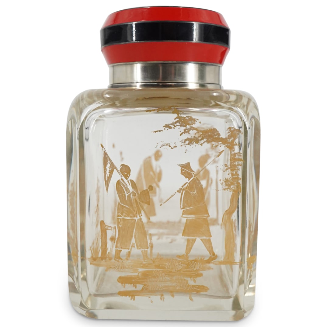 Antique French Enamel Sterling Silver & Glass Chinoiserie Lidded Bottle (1 of 5)