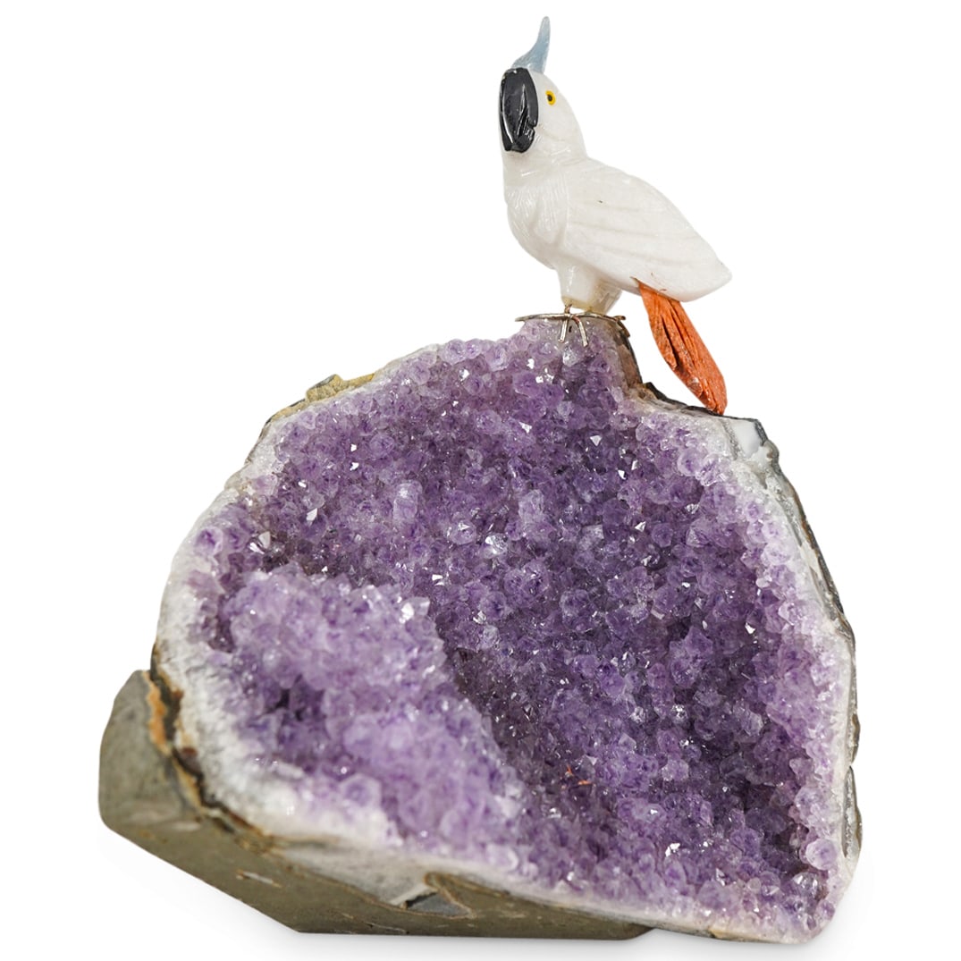 Semi Precious Carved Gemstone Parrot On Amethyst (1 of 4)