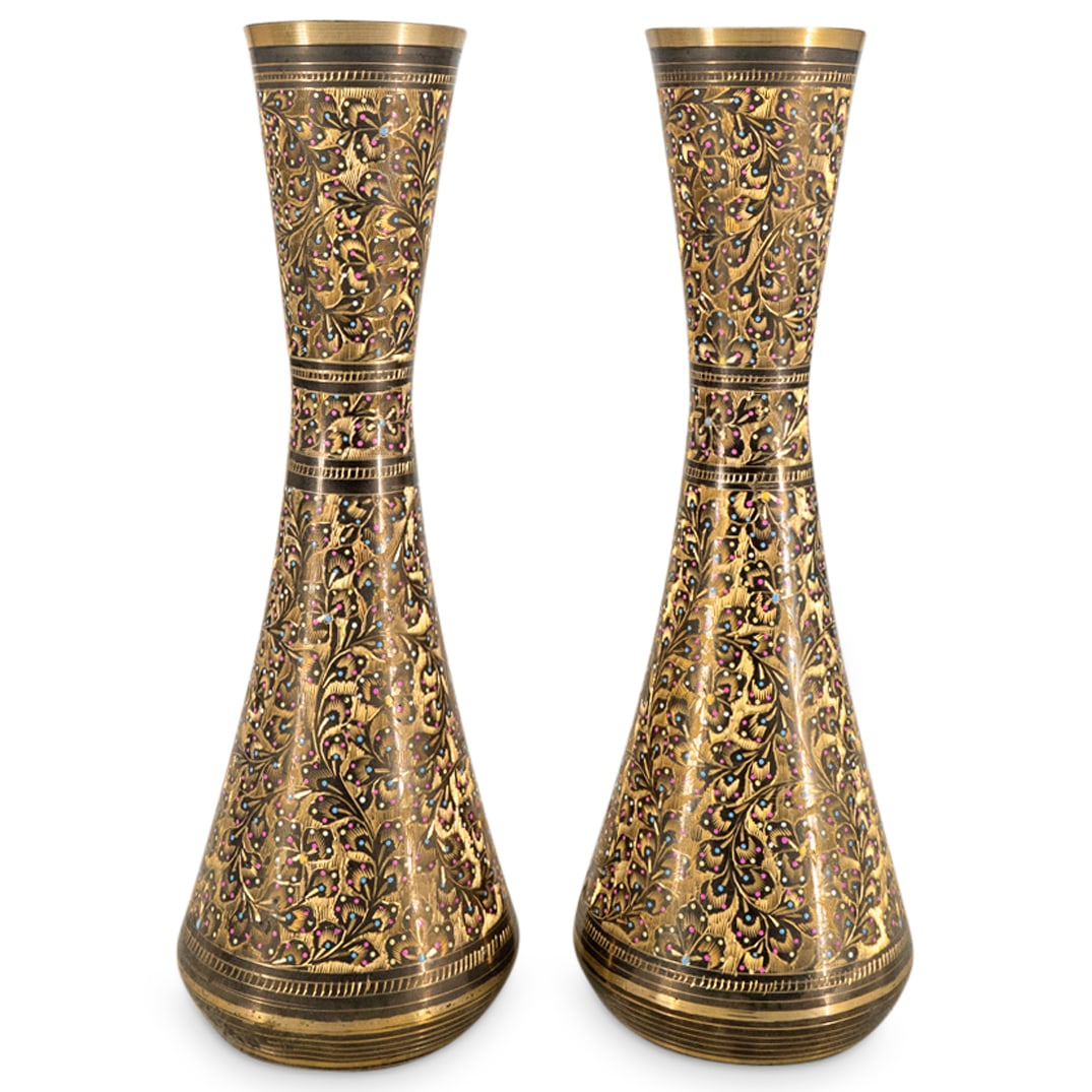 (2 Pc) Middle Eastern Etched Brass & Enamel Vases (1 of 5)