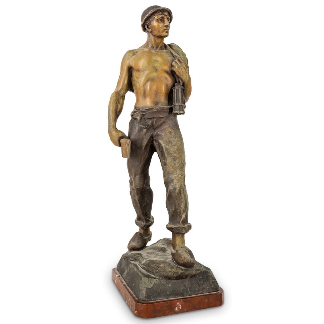 Antique Paul Philippe (French, 1870 ) "Miner" Spelter Sculpture: DESCRIPTION: Paul Philippe (French, 1870 ) "Miner" patinated spelter sculpture. Depicts a man with nude torso, representing as a miner. Holds a lamp and jacket with his left arm, and holds a miner's a