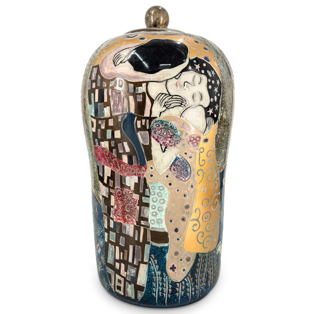 Large Porcelain Lidded Urn Vase After "The Kiss" By Gustav Klimt (1 of 7)